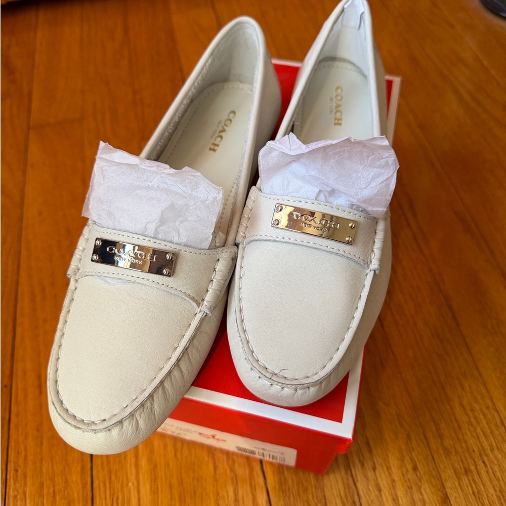 Coach Cream Leather Penny Loafers with Gold Plaque